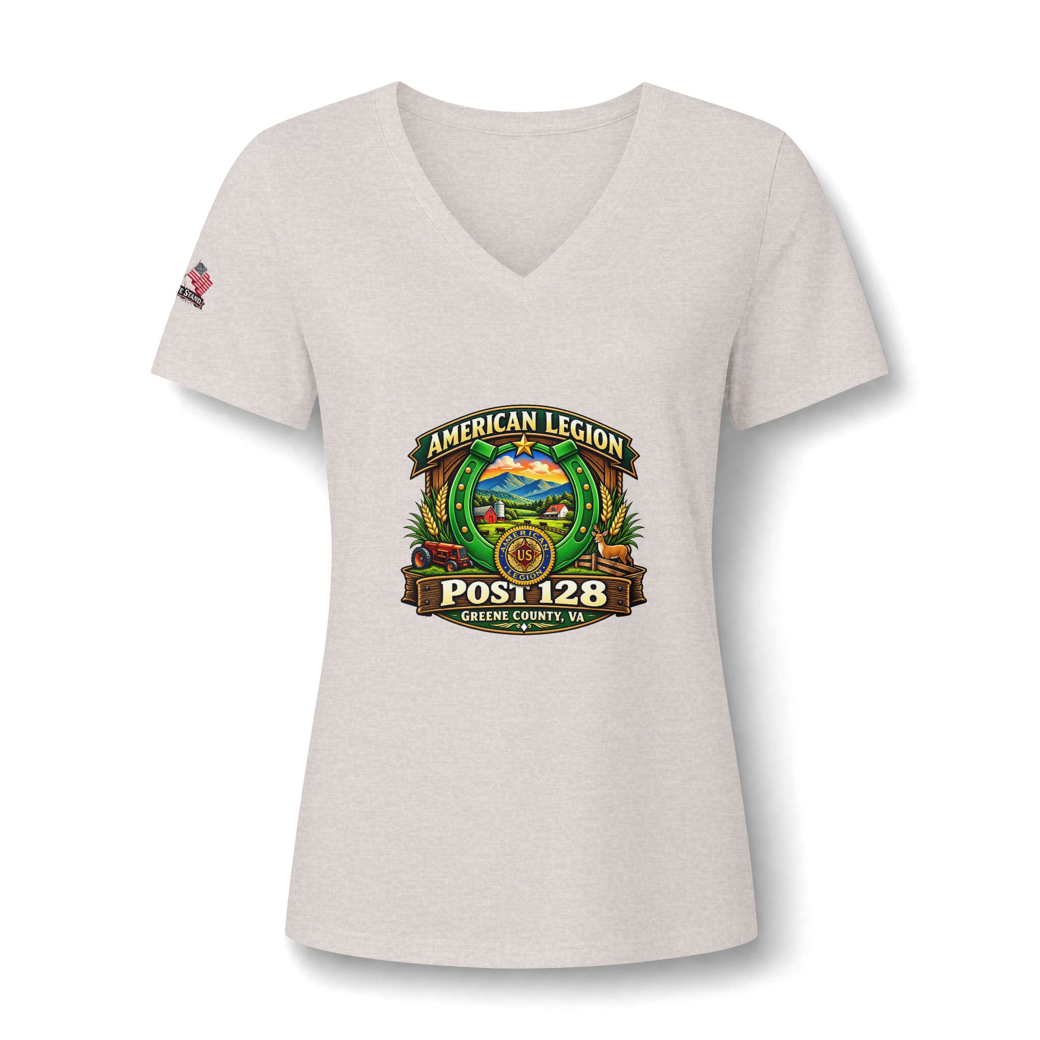Friends of American Legion Post 128 Women's V-Neck Tee — Greene County VA FLAG ON SLEEVE - Image 7