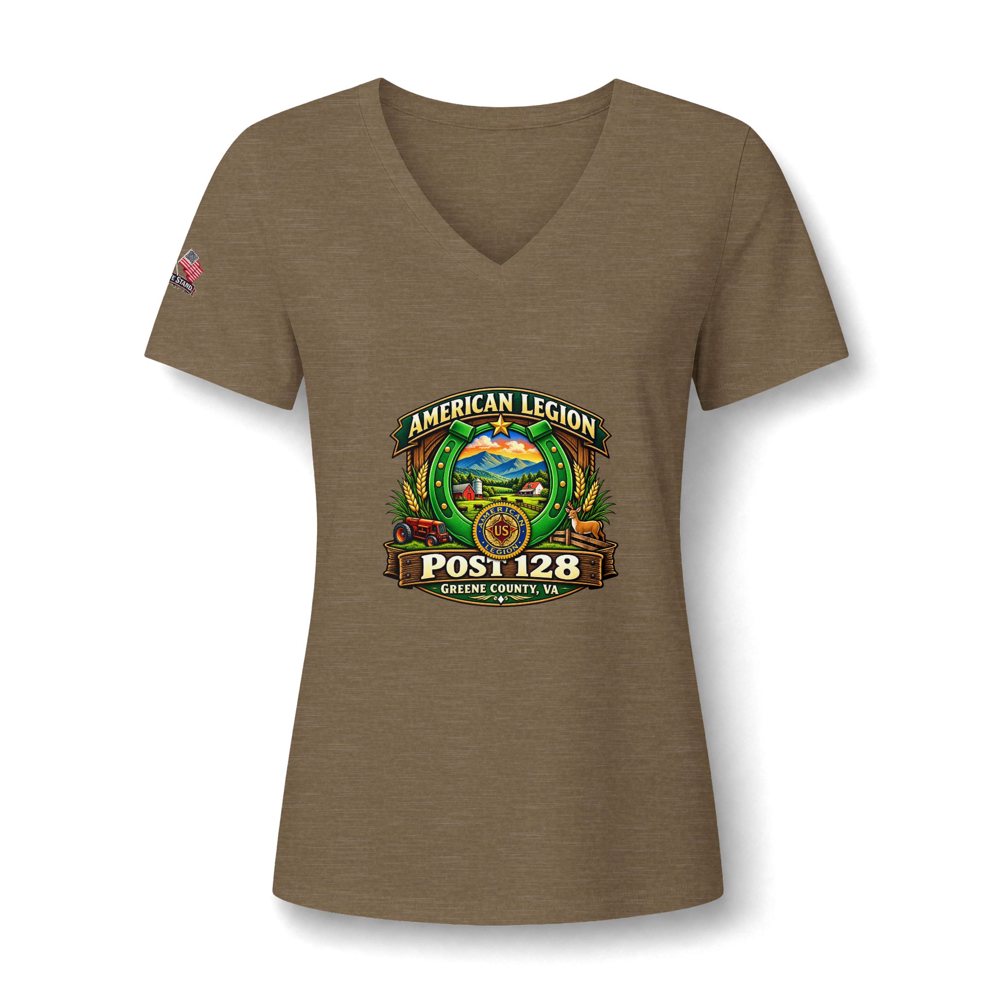 Friends of American Legion Post 128 Women's V-Neck Tee — Greene County VA FLAG ON SLEEVE - Image 11