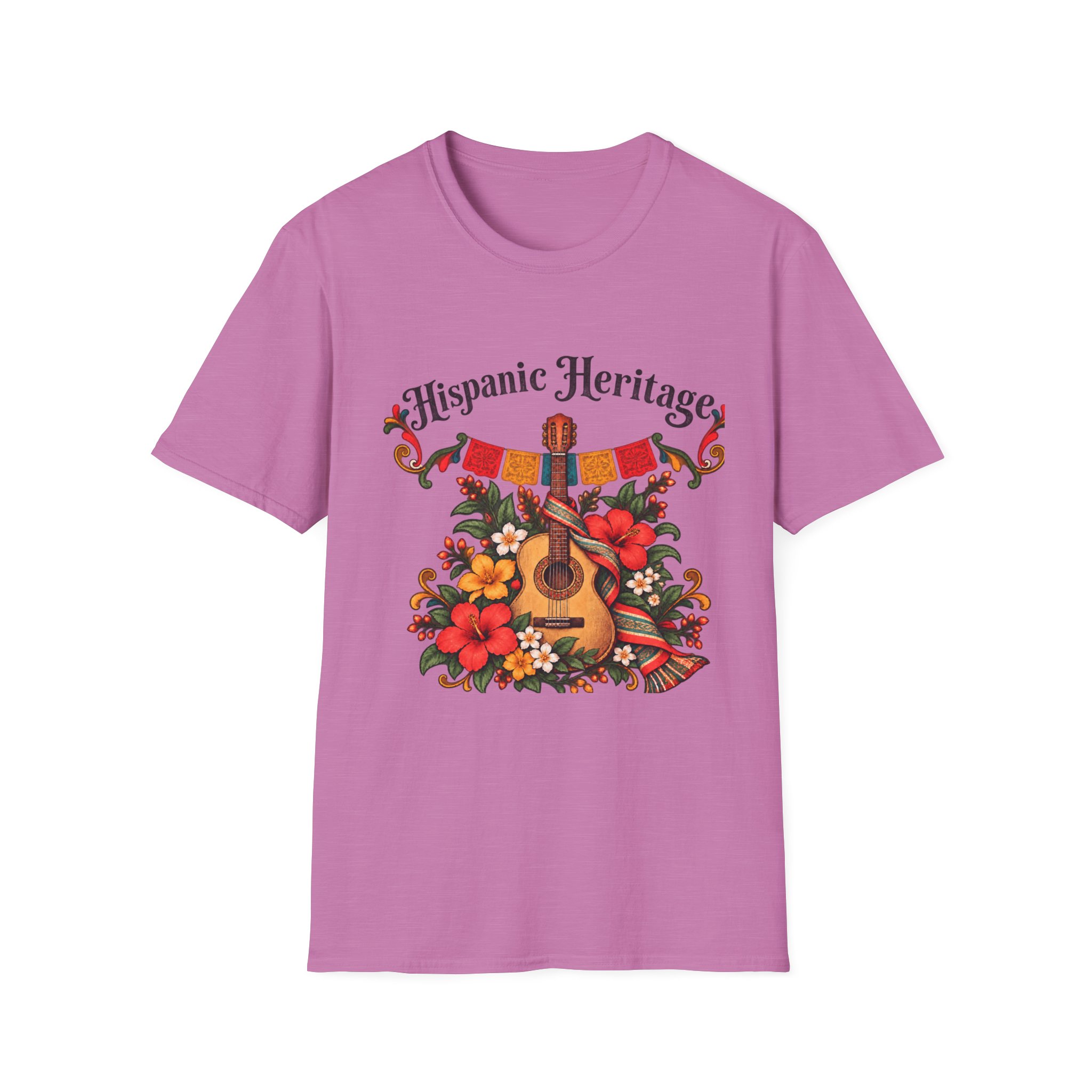 Hispanic Heritage T-Shirt with Guitar, Flowers and Festive Banner - Image 11