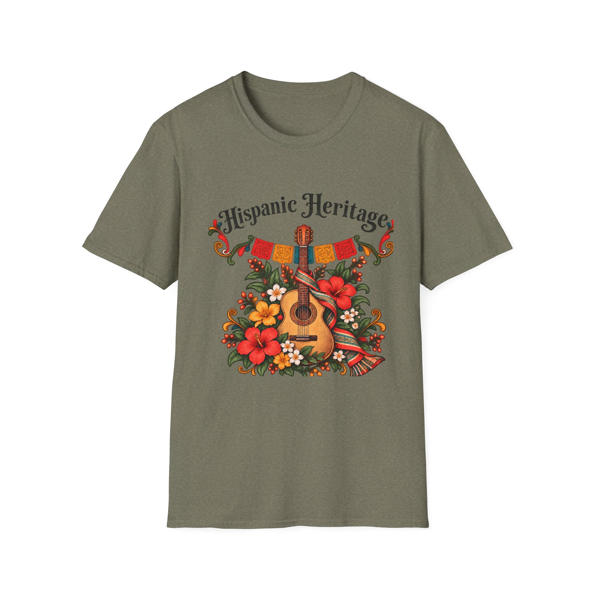 Hispanic Heritage T-Shirt with Guitar, Flowers and Festive Banner - Image 4