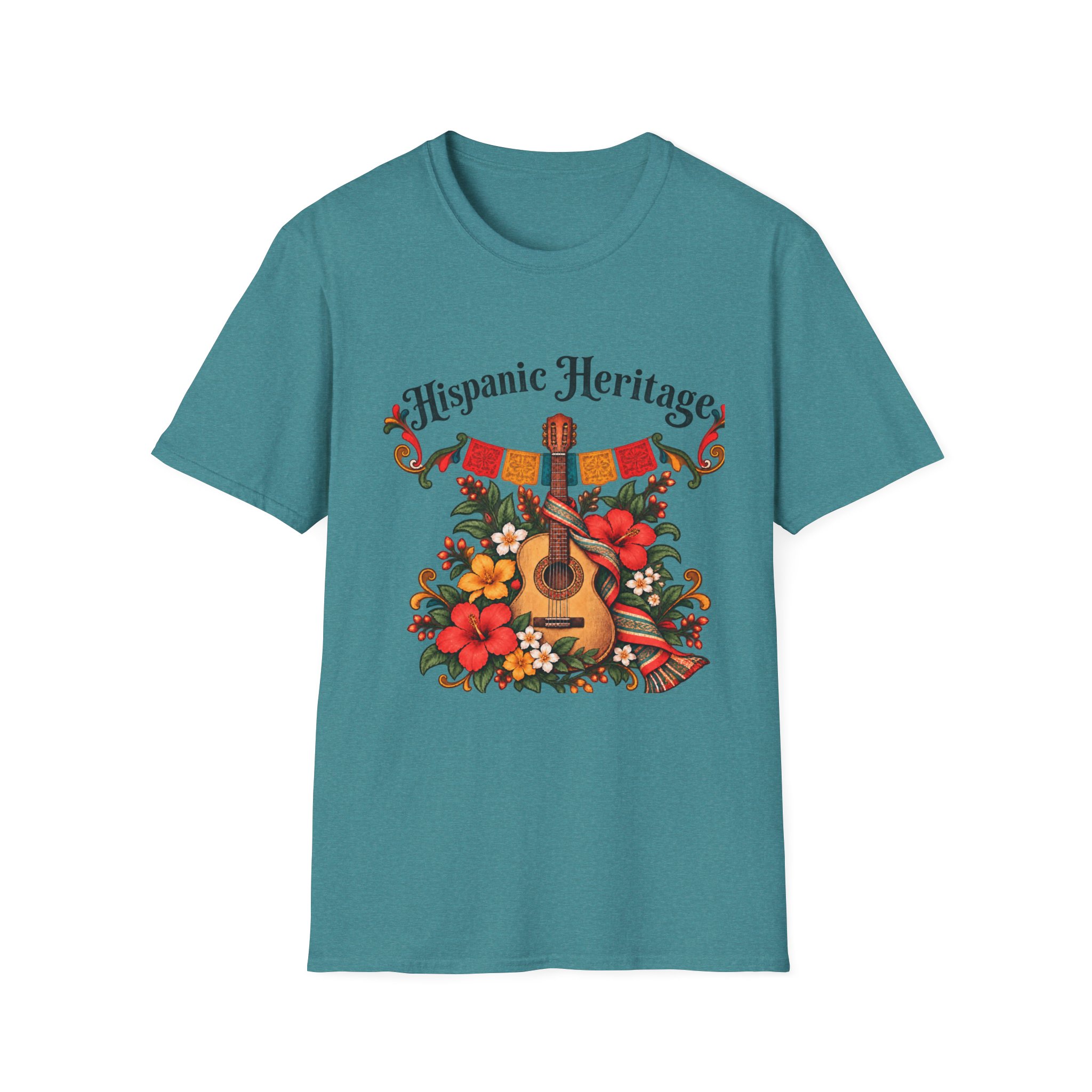 Hispanic Heritage T-Shirt with Guitar, Flowers and Festive Banner - Image 5