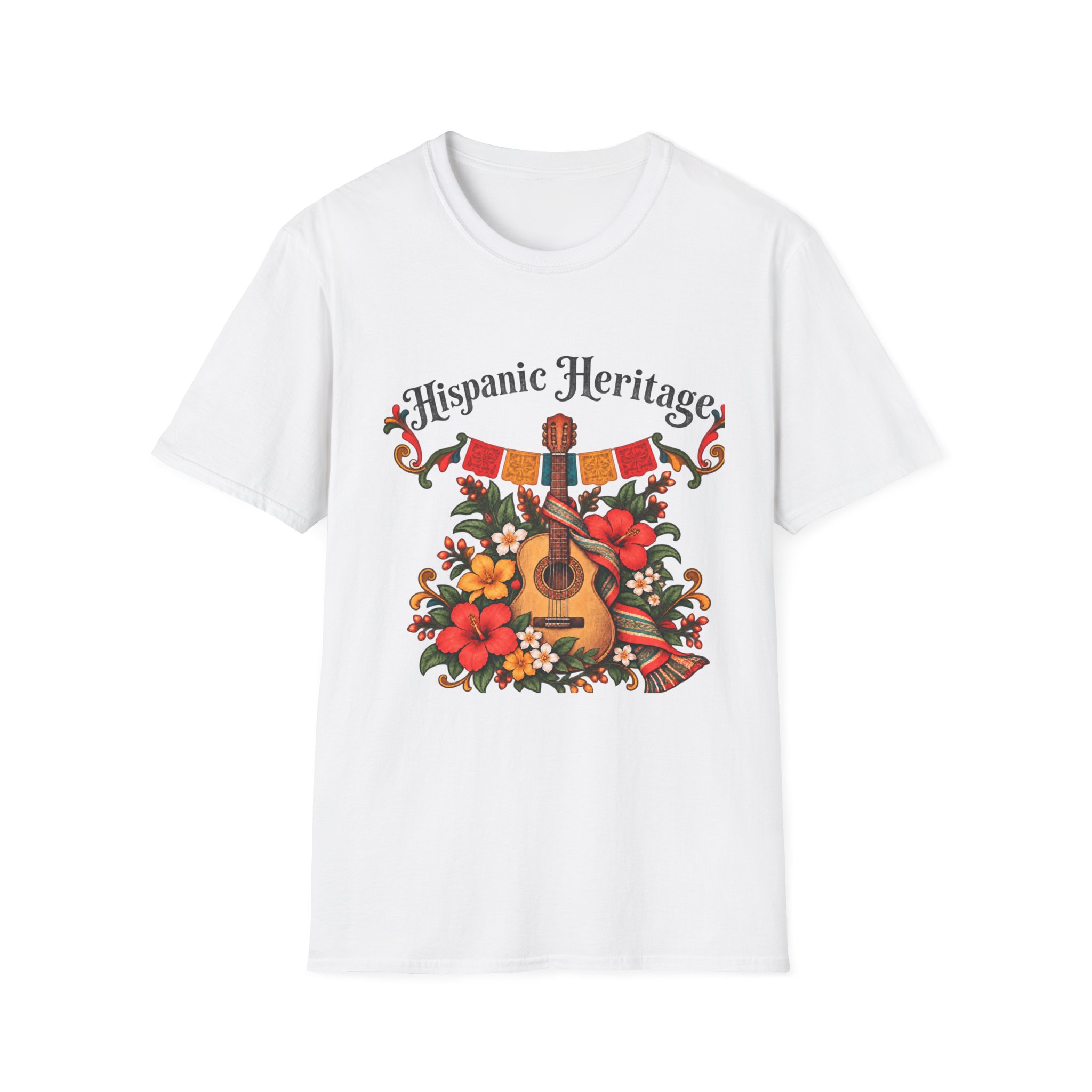 Hispanic Heritage T-Shirt with Guitar, Flowers and Festive Banner - Image 2