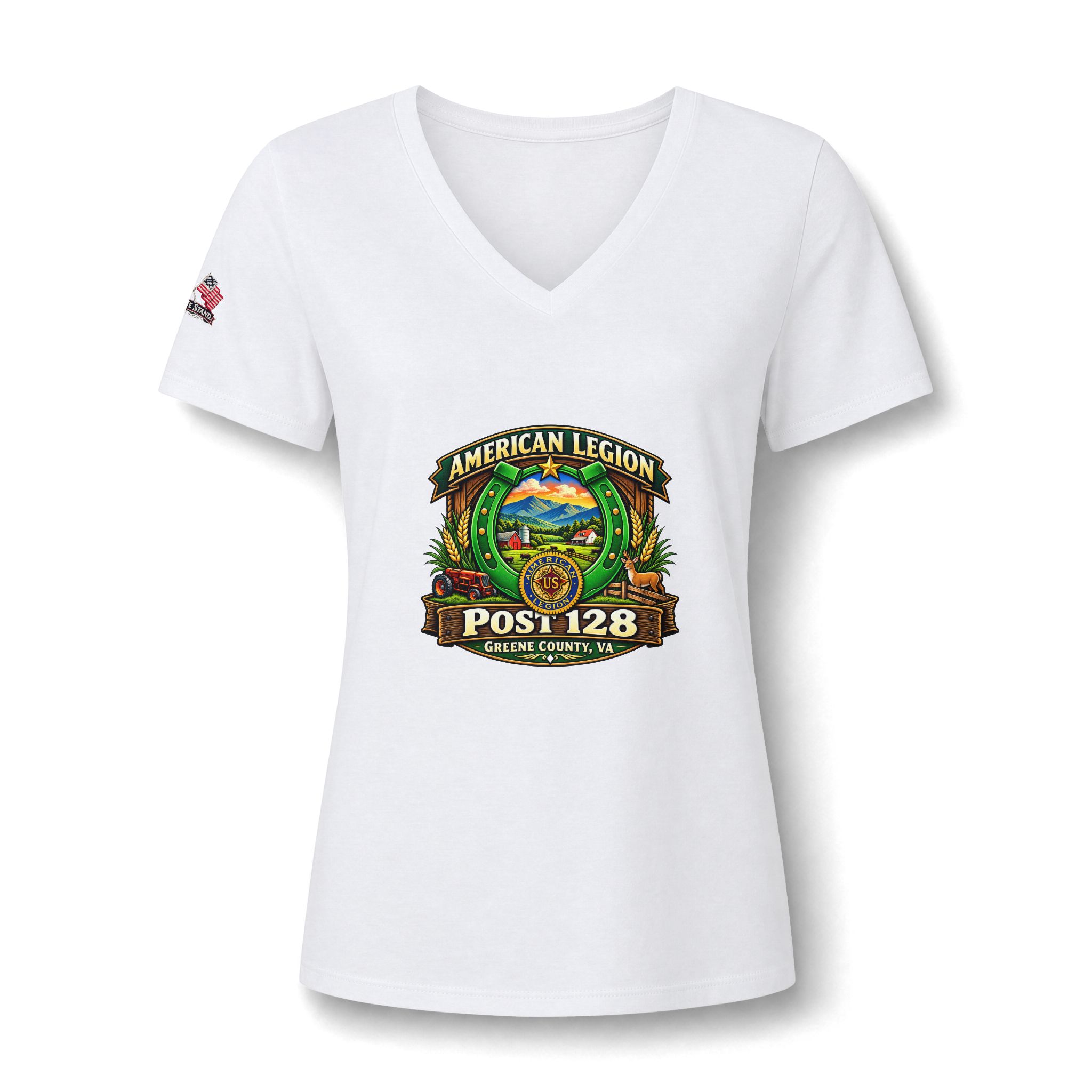 Friends of American Legion Post 128 Women's V-Neck Tee — Greene County VA FLAG ON SLEEVE