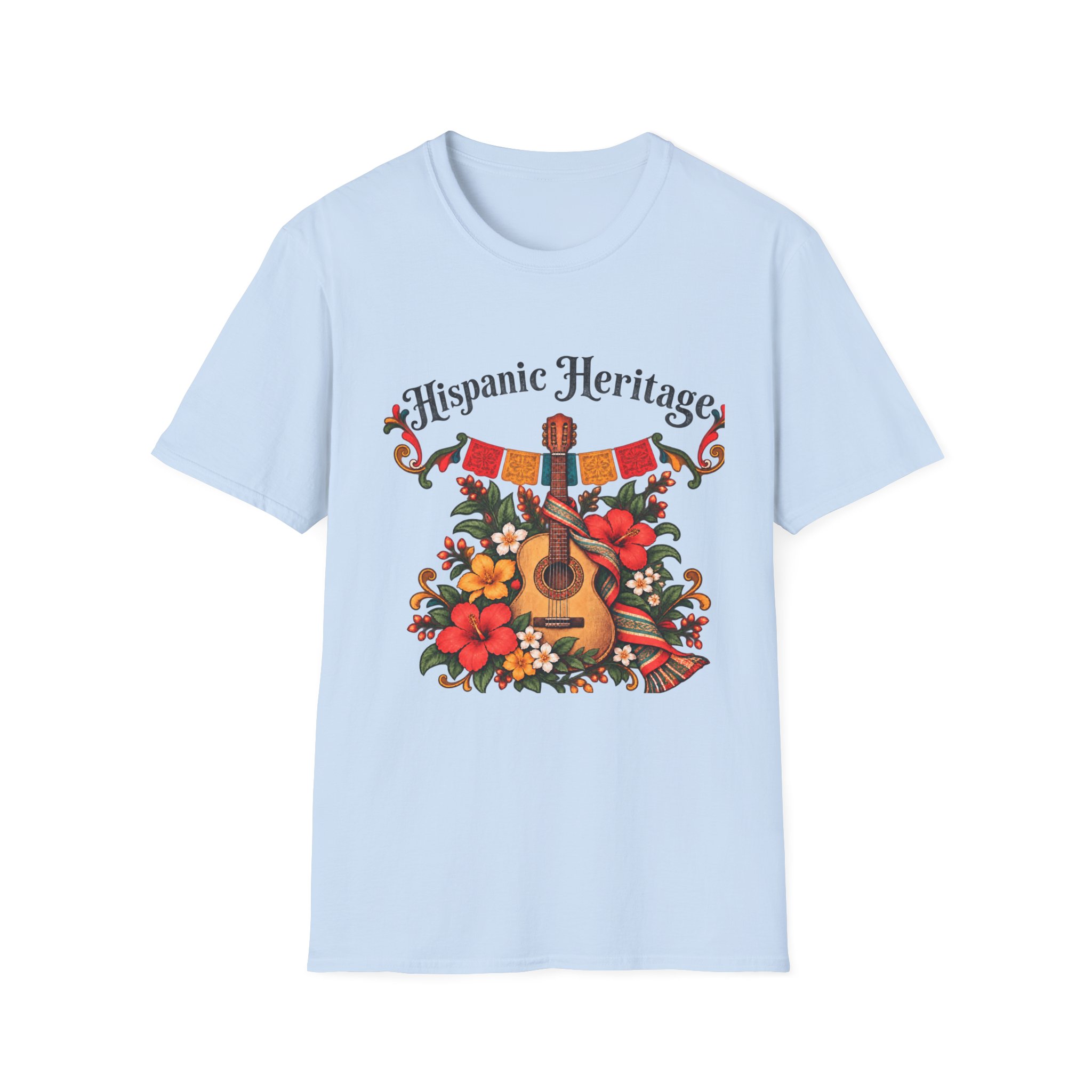 Hispanic Heritage T-Shirt with Guitar, Flowers and Festive Banner - Image 6