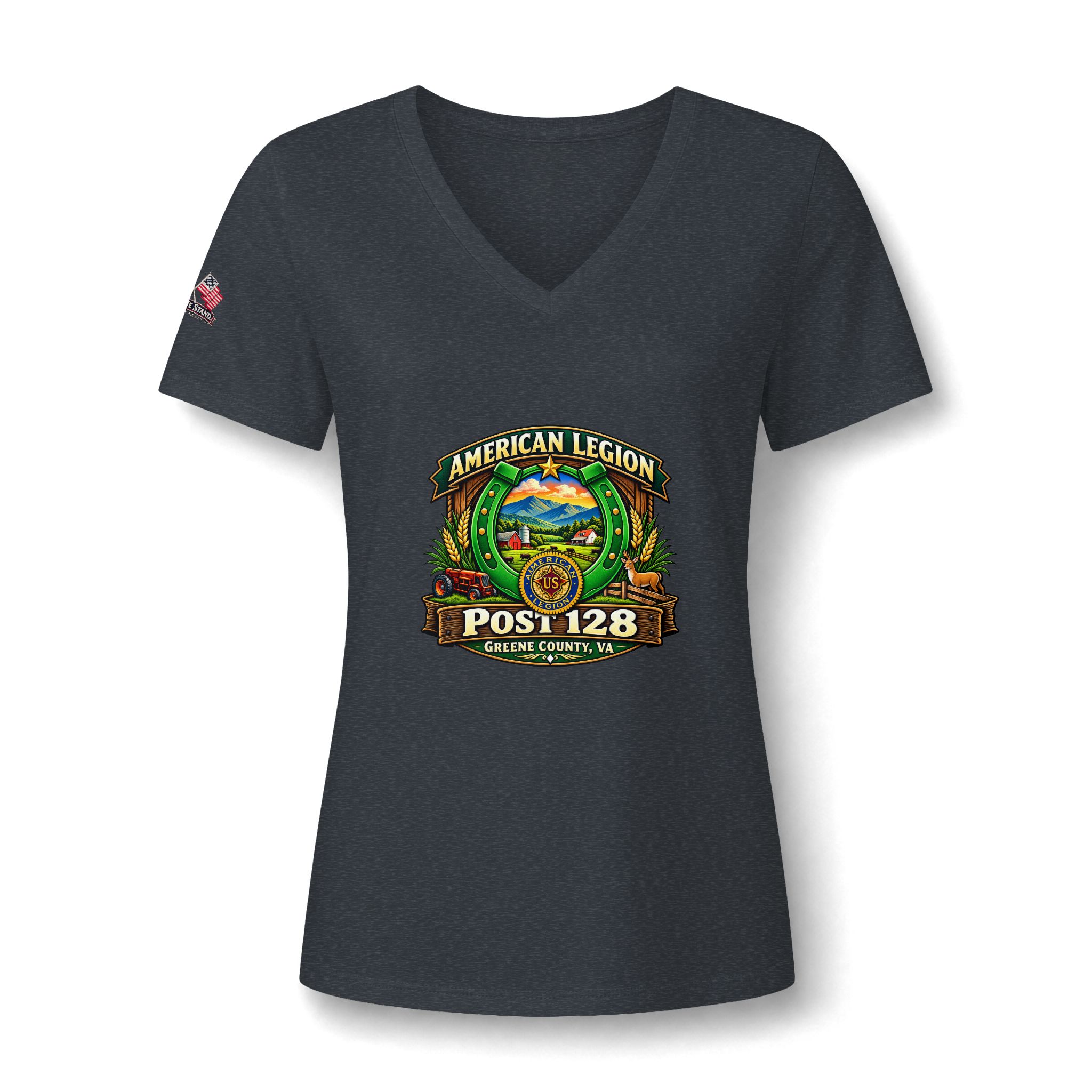 Friends of American Legion Post 128 Women's V-Neck Tee — Greene County VA FLAG ON SLEEVE - Image 13