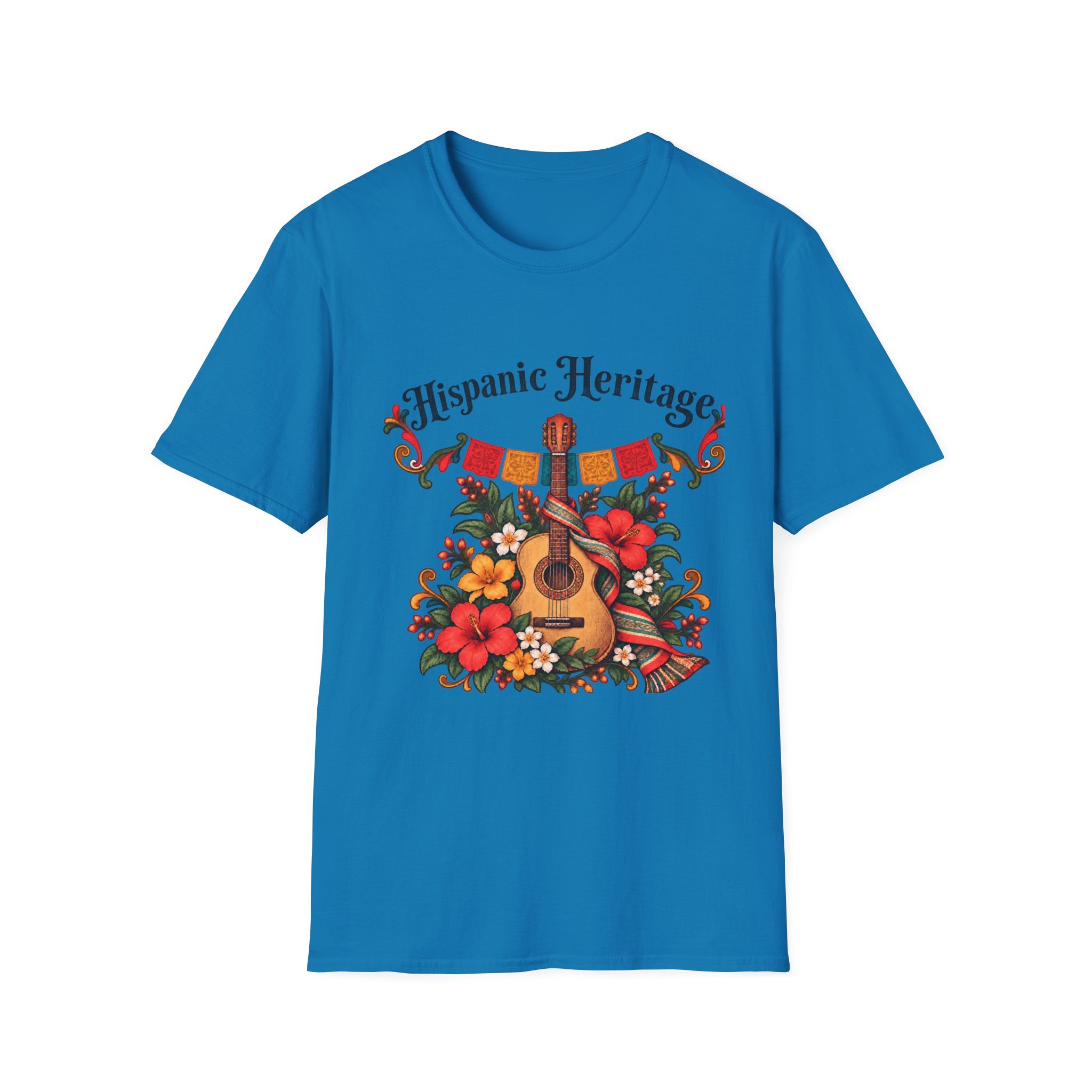 Hispanic Heritage T-Shirt with Guitar, Flowers and Festive Banner - Image 9
