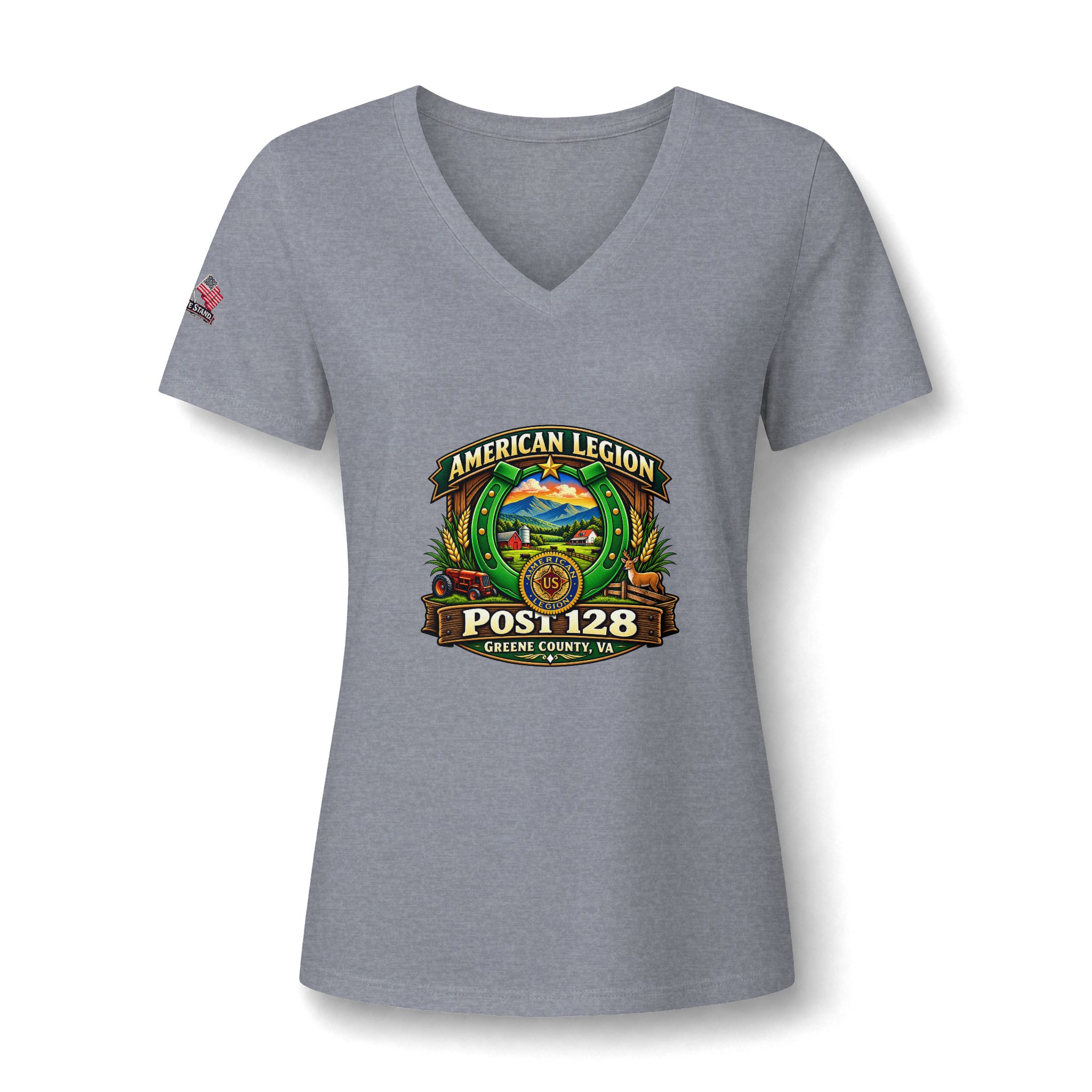Friends of American Legion Post 128 Women's V-Neck Tee — Greene County VA FLAG ON SLEEVE - Image 3