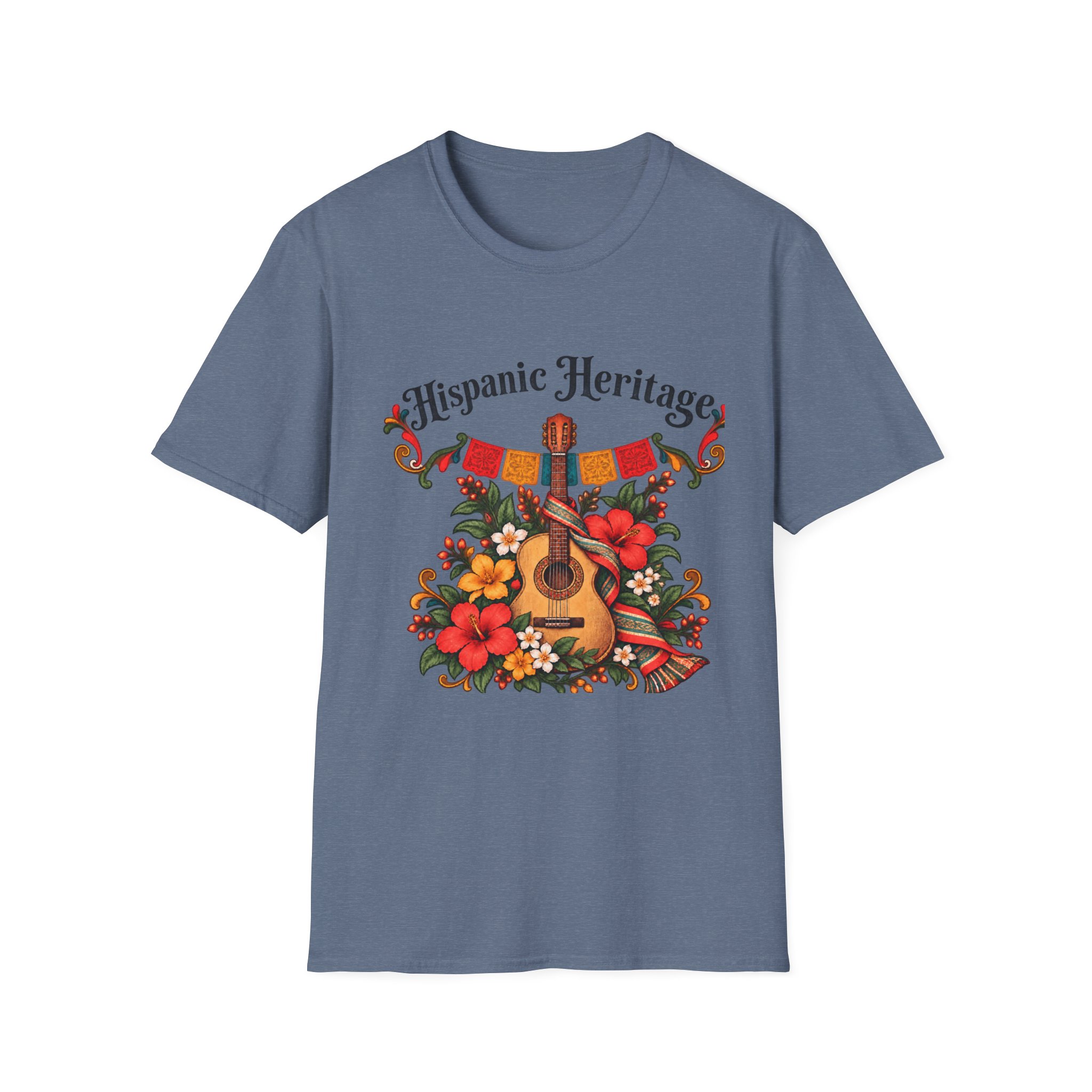 Hispanic Heritage T-Shirt with Guitar, Flowers and Festive Banner - Image 8