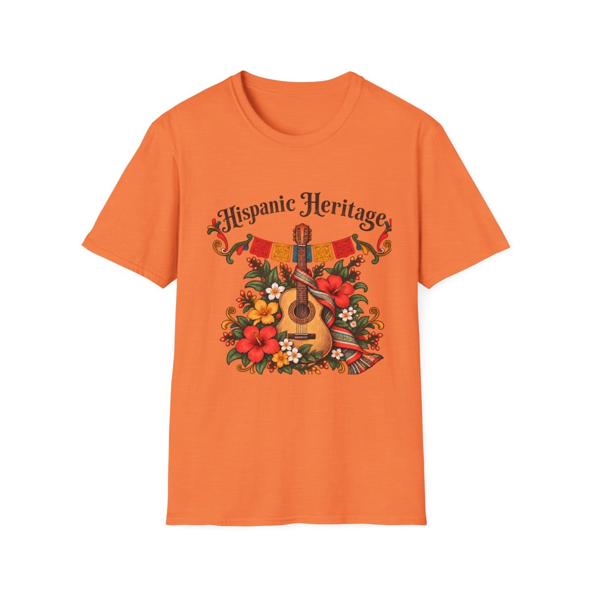 Hispanic Heritage T-Shirt with Guitar, Flowers and Festive Banner