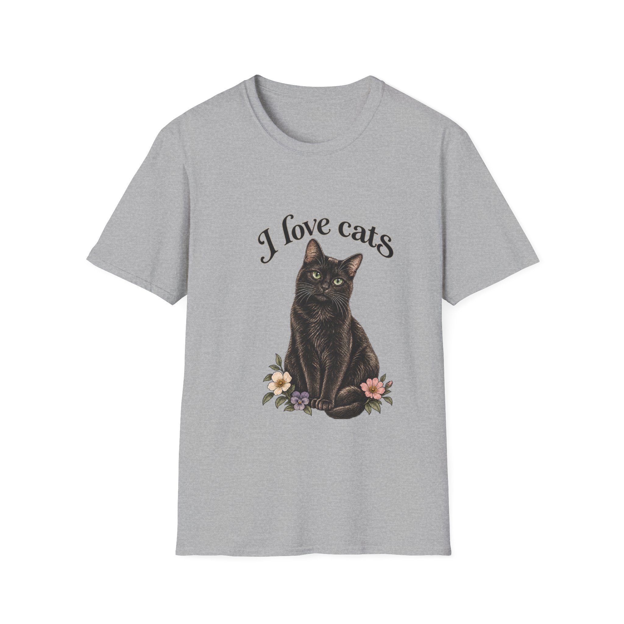 I Love Cats T-Shirt — Cute Black Cat Floral Graphic Tee - Image 3