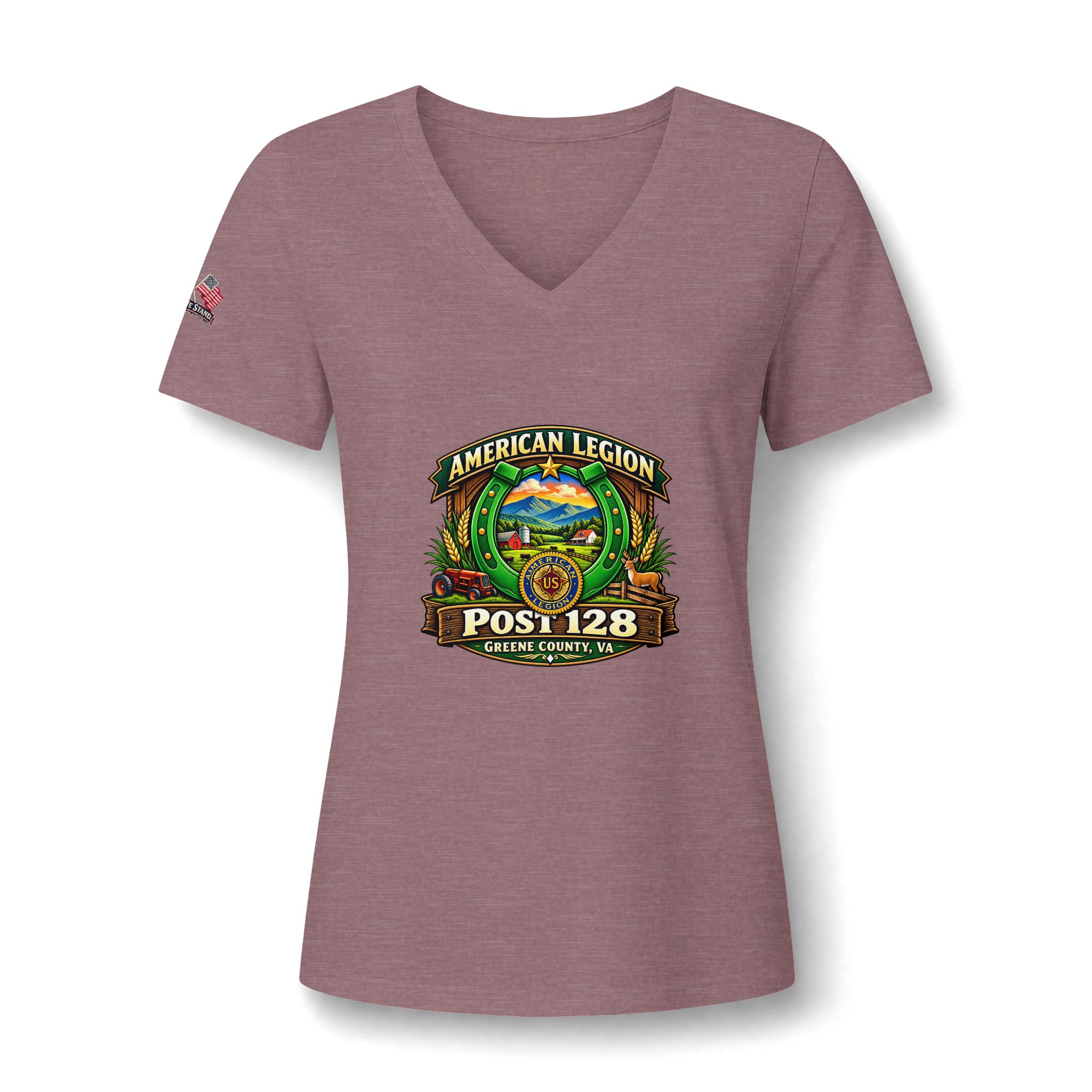 Friends of American Legion Post 128 Women's V-Neck Tee — Greene County VA FLAG ON SLEEVE - Image 5