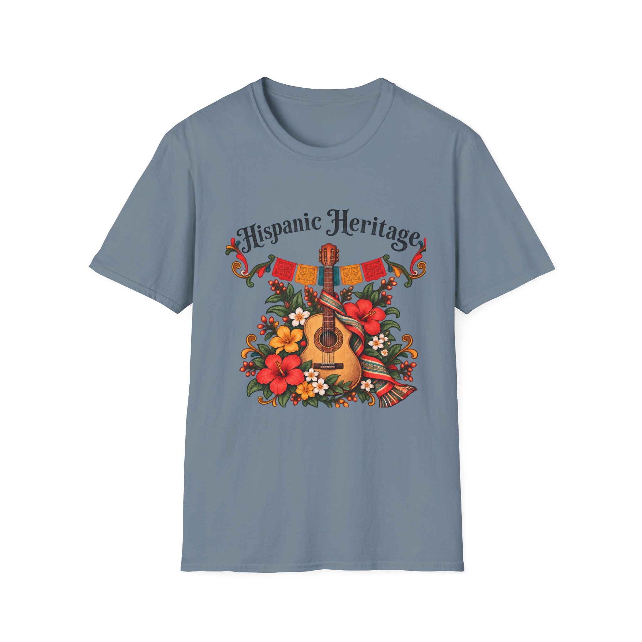 Hispanic Heritage T-Shirt with Guitar, Flowers and Festive Banner - Image 7