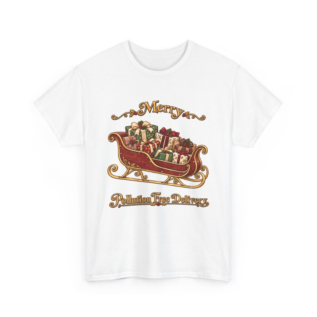 Christmas Sleigh Tee — "Merry Pollution Free Delivery" Holiday Graphic Shirt
