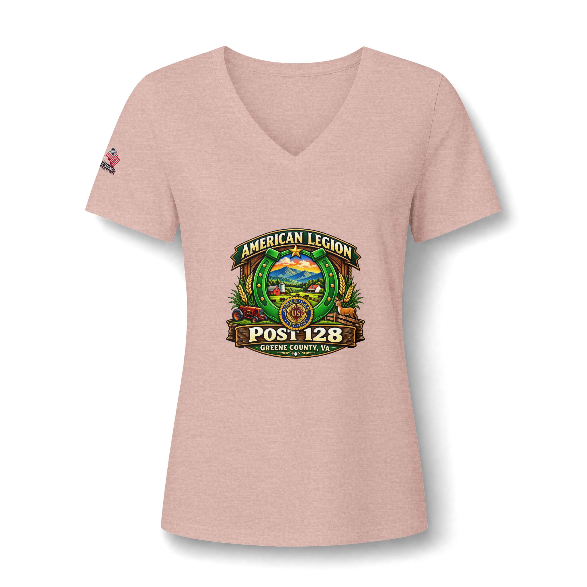 Friends of American Legion Post 128 Women's V-Neck Tee — Greene County VA FLAG ON SLEEVE - Image 9
