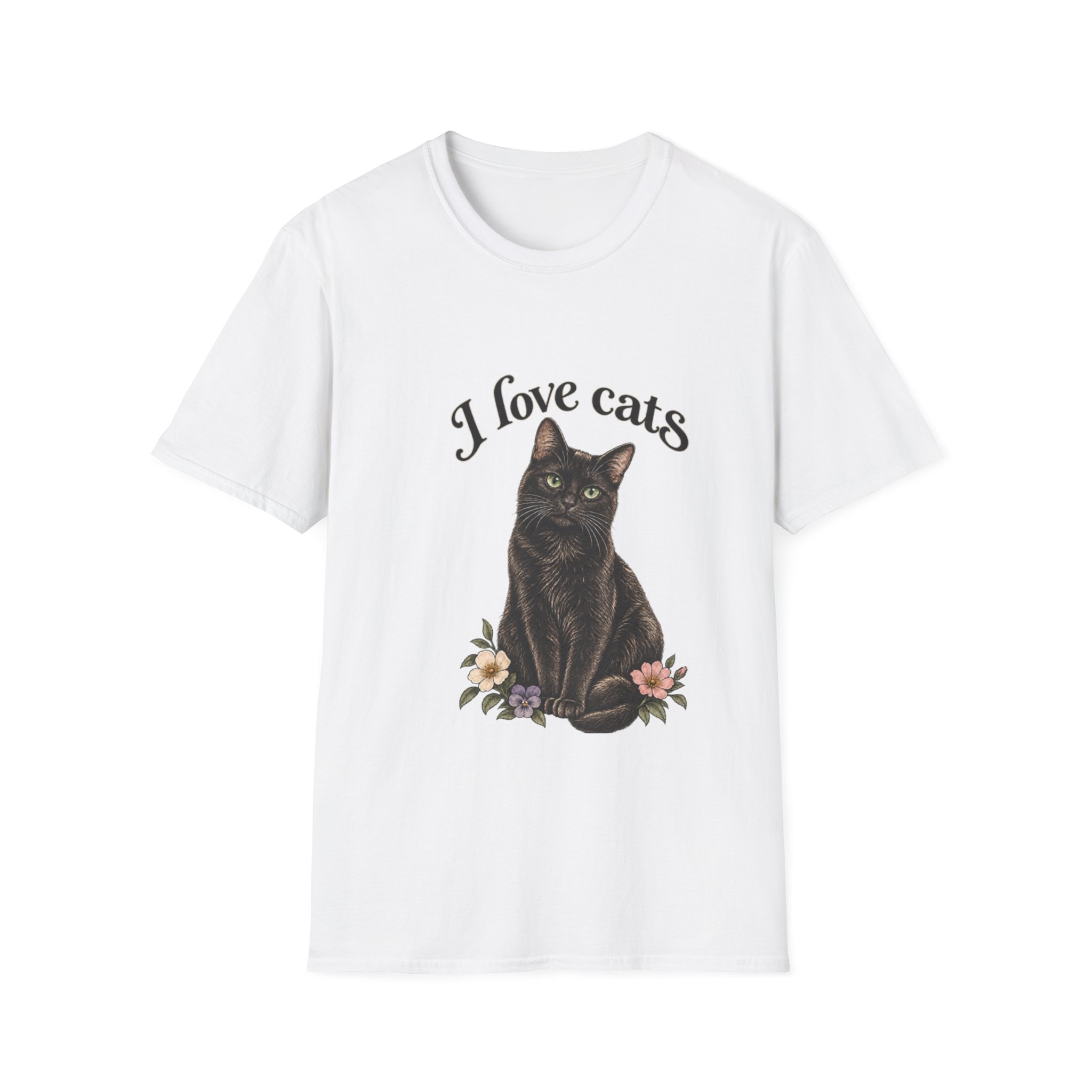 I Love Cats T-Shirt — Cute Black Cat Floral Graphic Tee - Image 2