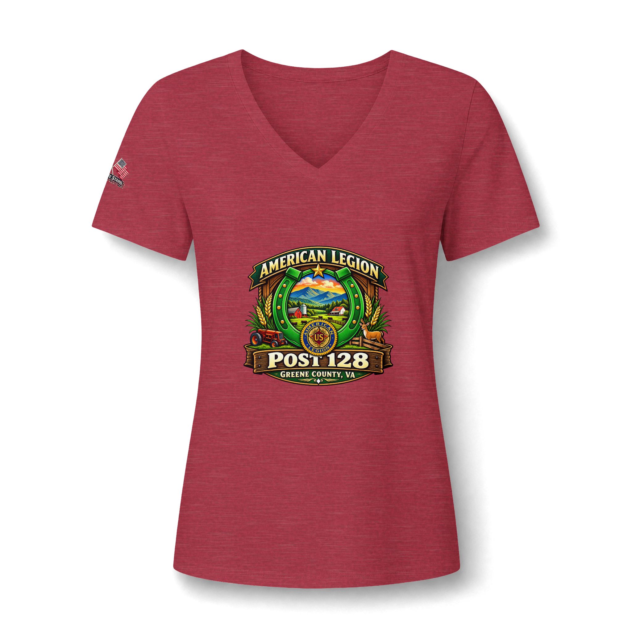 Friends of American Legion Post 128 Women's V-Neck Tee — Greene County VA FLAG ON SLEEVE - Image 15