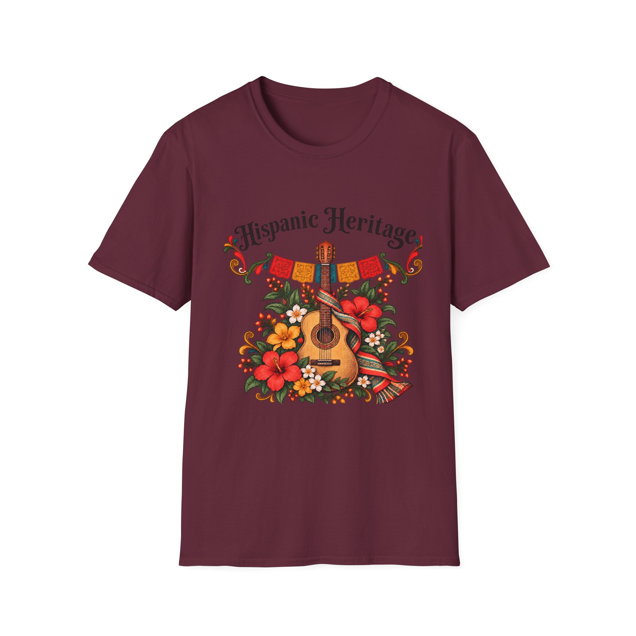 Hispanic Heritage T-Shirt with Guitar, Flowers and Festive Banner - Image 3