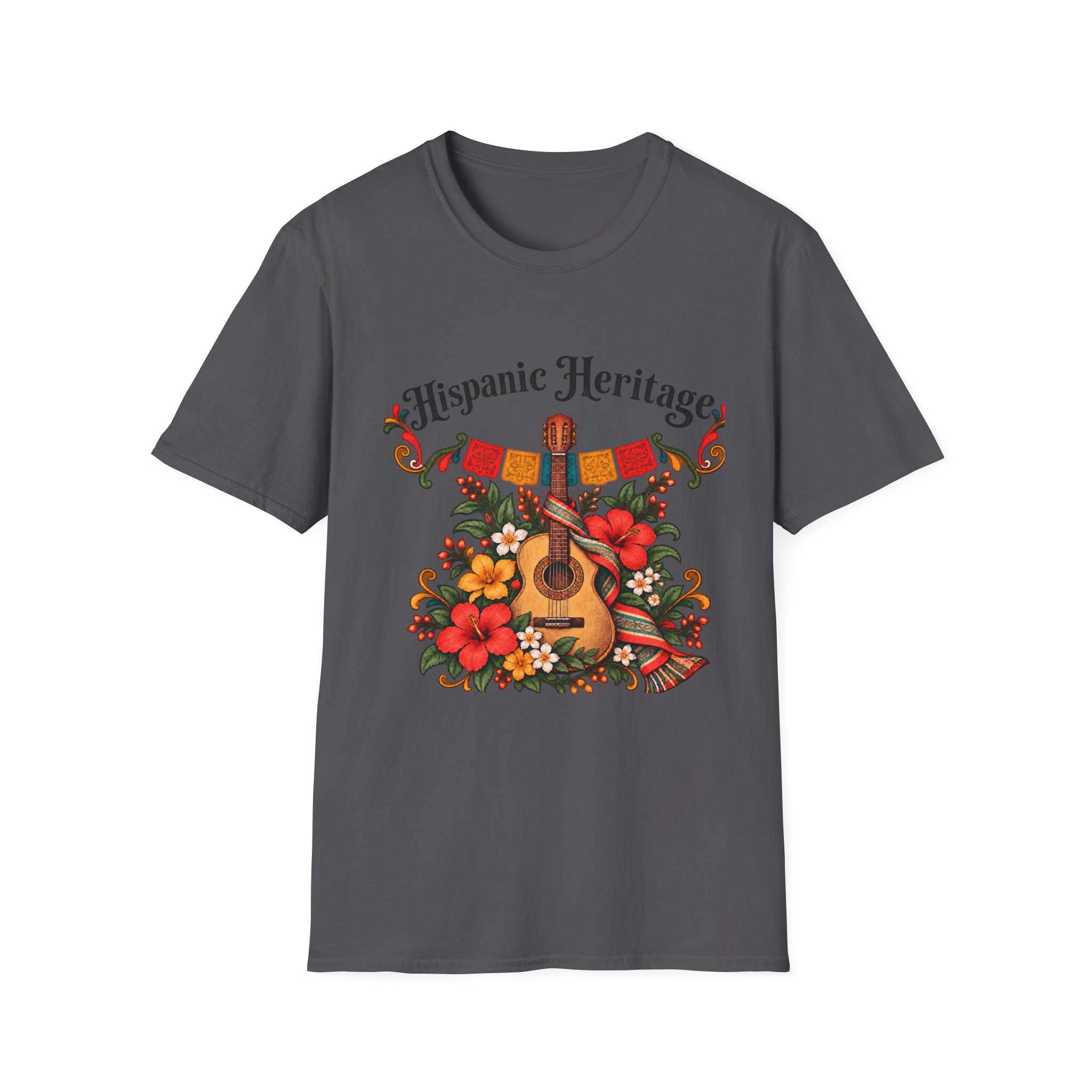 Hispanic Heritage T-Shirt with Guitar, Flowers and Festive Banner - Image 10